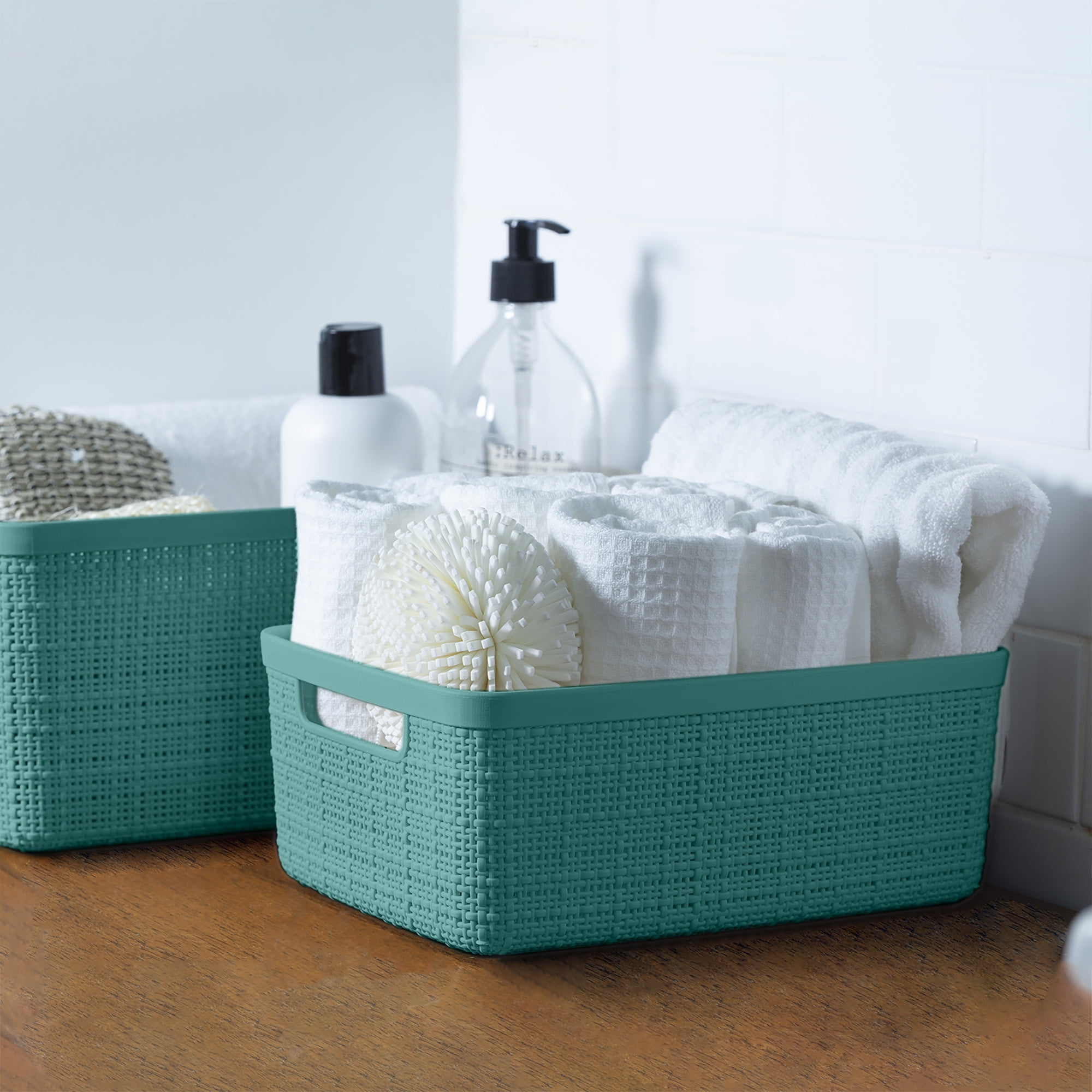 Curver Jute Small Basket, Resin Plastic Storage Bin, Aqua Slate