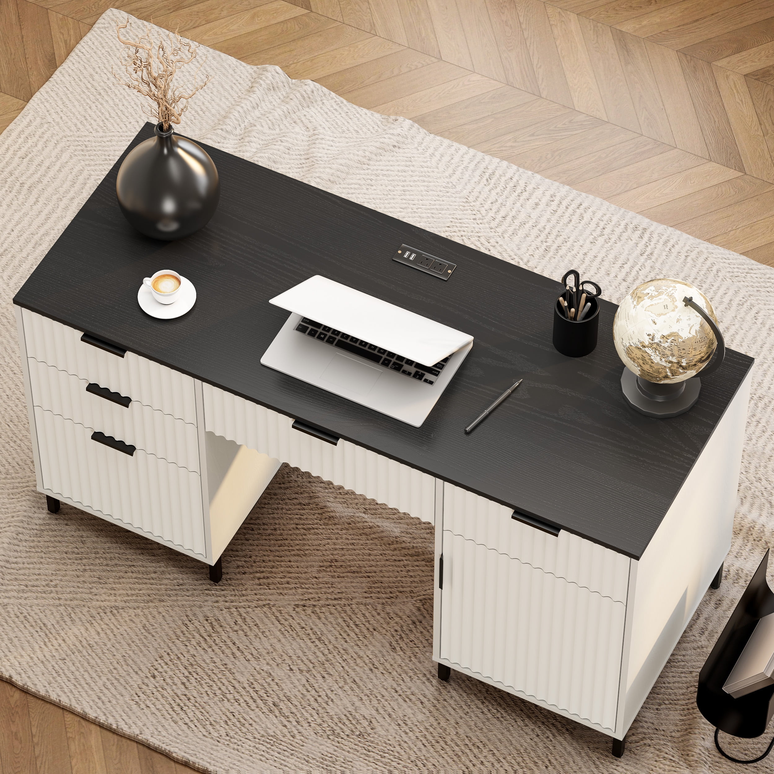 Joyyskill Fluted Executive Desk with File Drawer, 55" Large Computer Desk with Storage and Charging Station, Modern Wooden Home Office Desk White