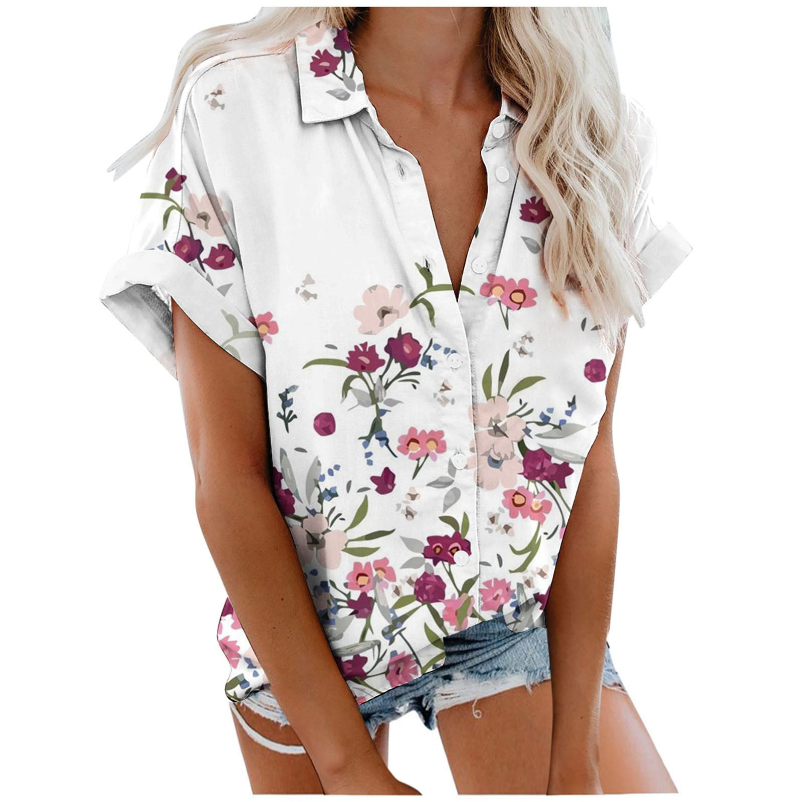 MRGIINRI Womens Elegant Tops Printed Button Down Going Out Short Sleeve ...