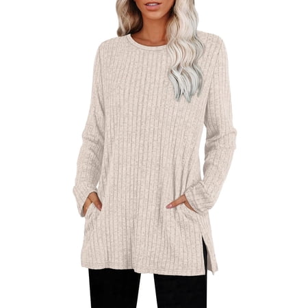 Pxiakgy Womens Sweaters Crewneck Long Sleeve Shirts with Pockets Fall Outfits 2025 Fashion Winter Clothing Side Slit Sweaters Crewneck Shirts with Pockets Fall Outfits Beige L