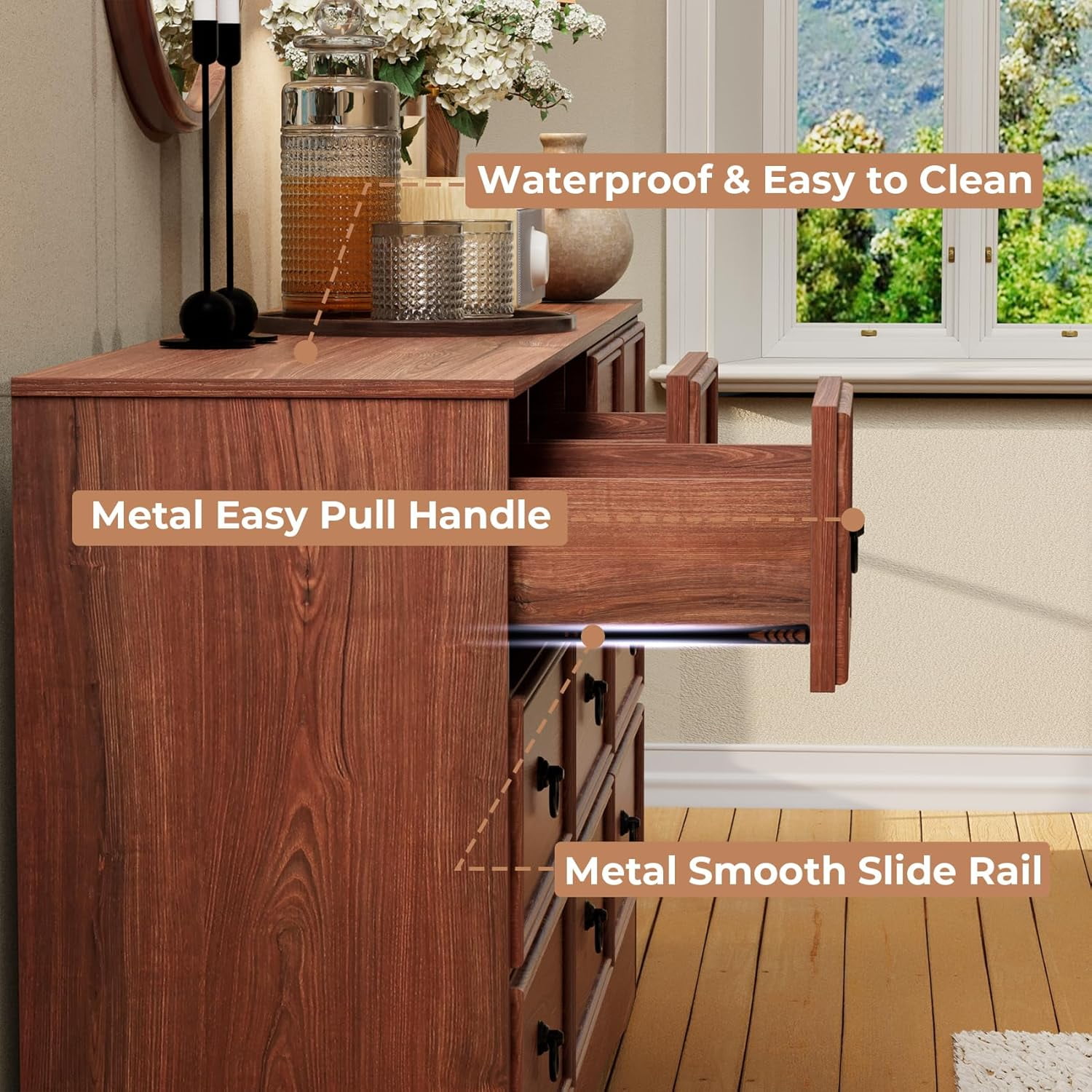 Meteorleg Farmhouse 10 Drawer Dresser for Bedroom – 63'' Long Dresser Wood Chest of Drawers,TV Stand for 75 inch TV, Storage Organizer Furniture, Hallway, Entryway, Closet, Cherry
