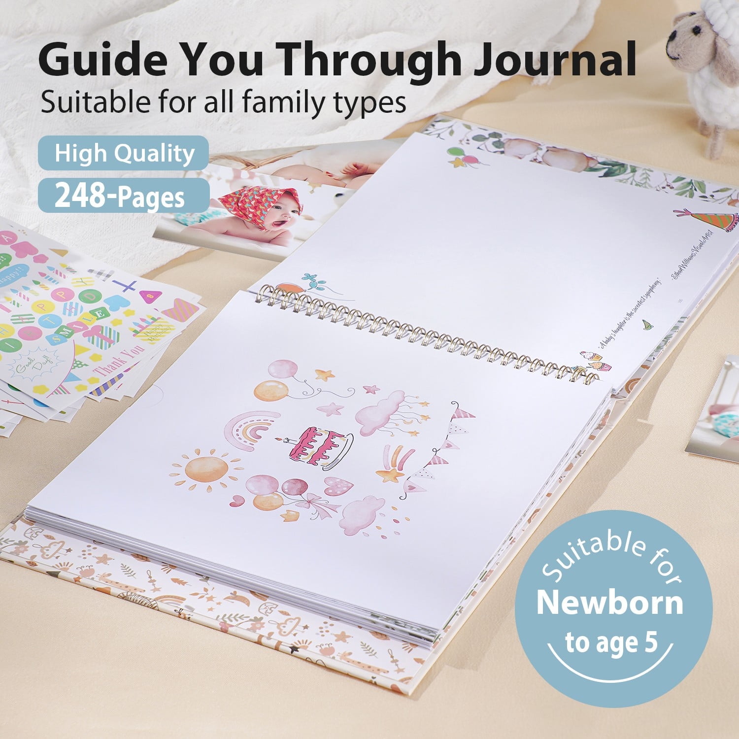 TJT Keepsake Baby Books for Newborn Baby Memory, First 5 Years Baby Memory Record Book Gift, 124 Pages Baby Album, Animal Family, Brown