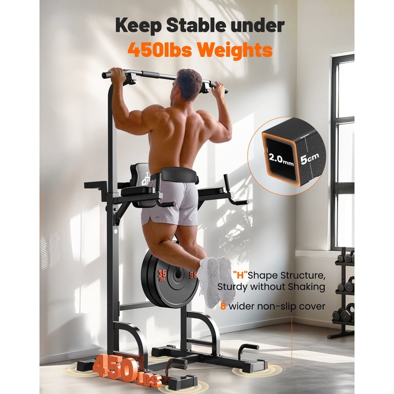 Power Tower Pull Up & Dip Station - 400 LBS Capacity, 11 Height Adjustments, Free Standing Home Gym Equipment Dip Bar