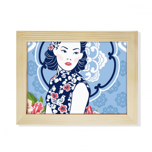 La cultura china flor azul mujer Escritorio de madera Arte Pintura 6x8 pulgadas marco de foto foto