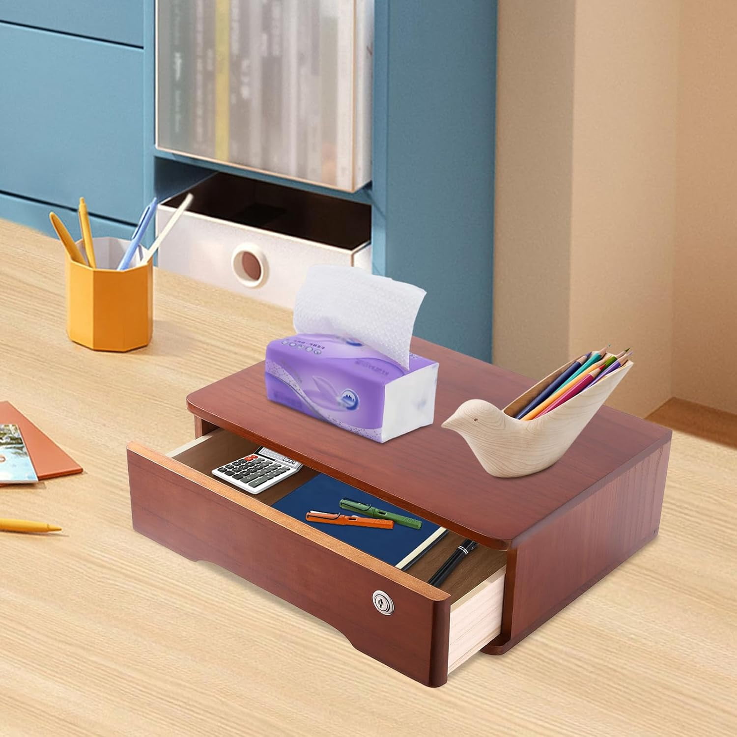 Miumaeov Wooden Desktop Storage Box with Lockable Drawers Office Supplies Drawer Organizer Receipt File Organizer Flat File Cabinet