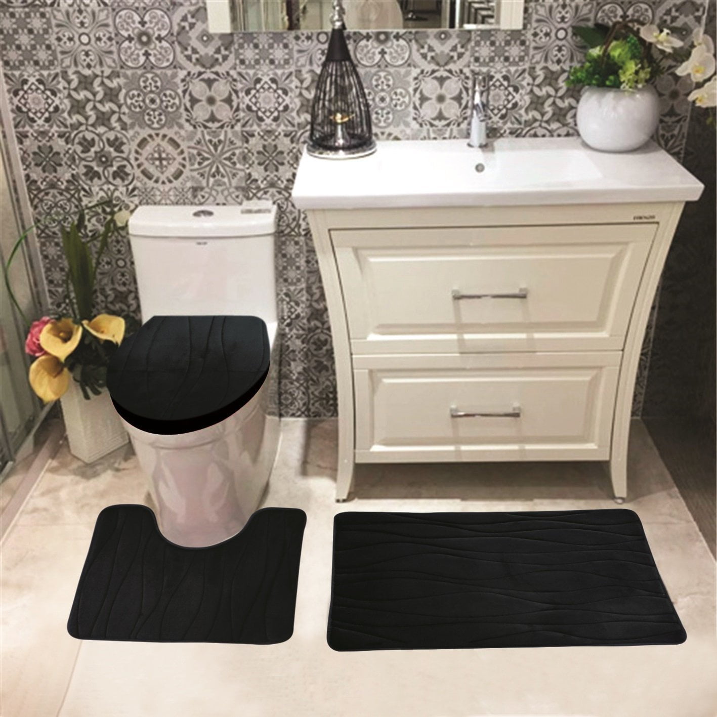 Connie Embossed Foam Plush 3pc Microfiber Bathroom Rug Set Bath Mat Connie Embossed Foam Plush 3pc Microfiber Bathroom Rug Set Bath Mat Contour Universal Lid Cover Great Absobent With Anti Slip Pvc Mesh Backing Aqua