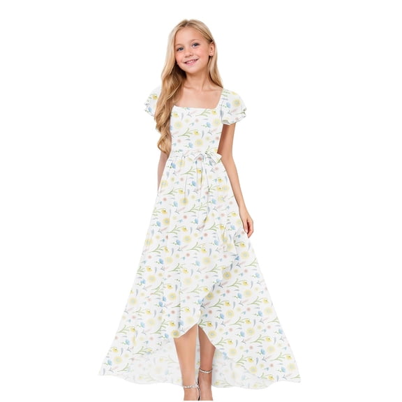 EnJoCho Girls Floral Print Maxi Dress Square Neck Ruffle Short Sleeve Bow Waist High Long Dress For Little Girls Wedding Birthday Party Holiday Dress