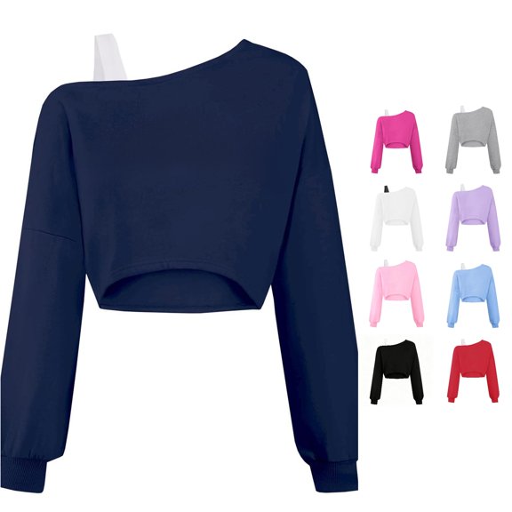 JAJAHO Kids Girls Off The Shoulder Sweatshirt Asymmetrical Long Sleeve Cute Crop Tops Trendy Streetwear 7-16Y