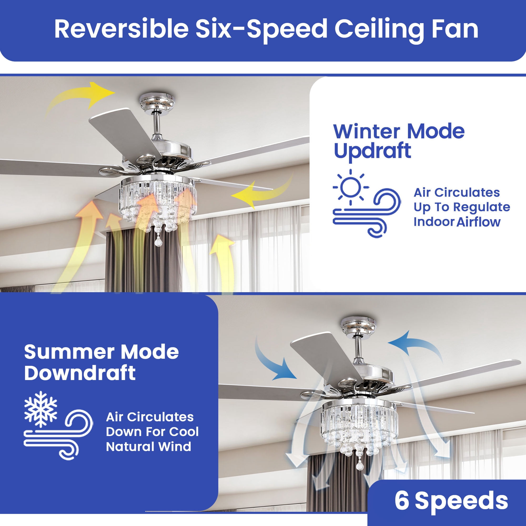 ModFusion 52in Elegant Ceiling Fan with Crystal Chandelier, Quiet Motor, 6-Speed, Chrome Finish, Wall Control