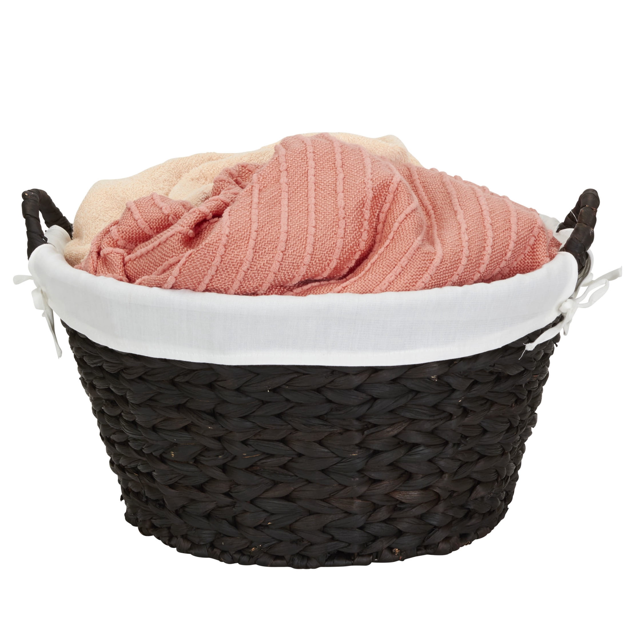 Household Essentials Round Wicker Laundry Basket with Handles, Whimsical Water Hyacinth Basket, Supportive Metal Frame, Removable Polyester Liner, Handwoven, Well-Structured and Versatile, Brown