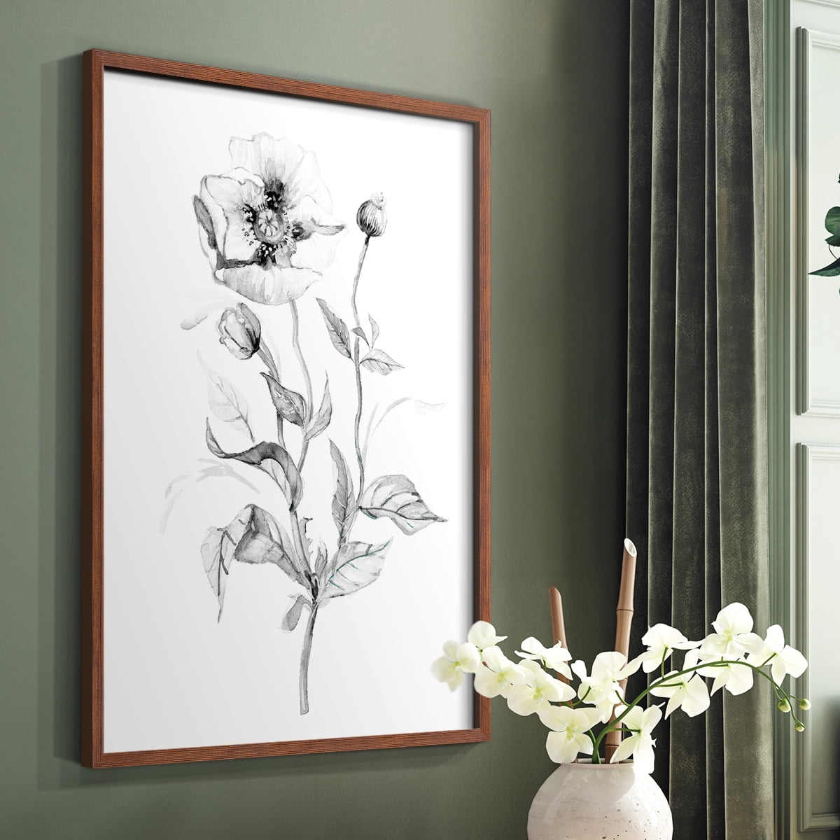 Wild Poppy Sketch Framed Print in Brown Solid Wood 11 x 14 Framed Print