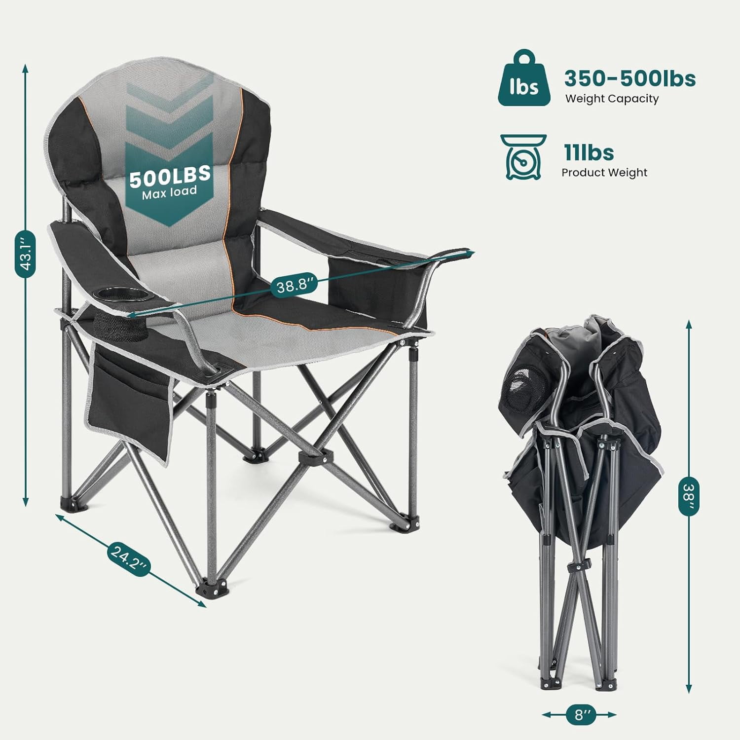 Oversized Camping Chair, Folding Chairs with Padded Back and Armrest, Steel Frame with Cooler Bag, Storage Netting Cup Holder, Black