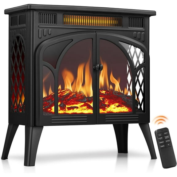 Electric Fireplace Heater 25" with Remote Control,Fireplace Stove Decor with Different Flame Effects and Log Set for Indoor,5 Adjustable Brightness and Heating Mode,Overheating Safe Design - Black