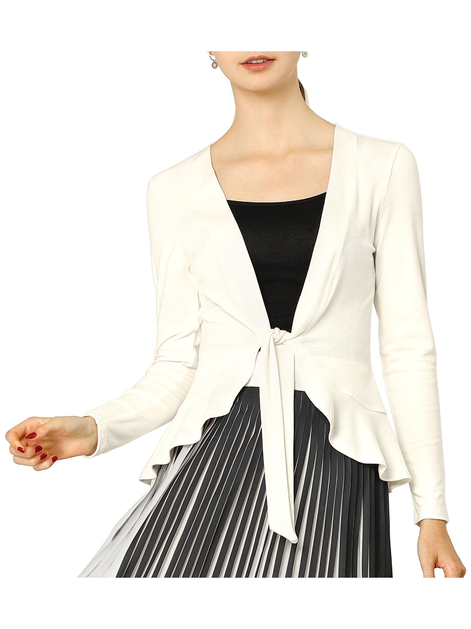 DARING DIVA Women's Tie Front Ruffled Hem Crop Knit Cardigan S White
