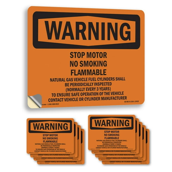 Stop Motor No Smoking Flammable Gas Natural OSHA WARNING Vinyl Decal Label 7 Inch x 5 Inch - 10 Pack