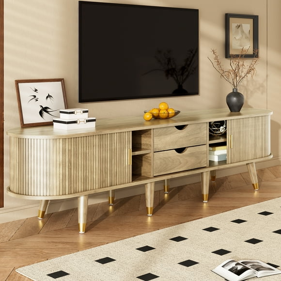 MODERNLUXE Meuble Télé Mi-Siècle de 68,9 Pouces, Centre de Divertissement Cannelé avec 2 Tiroirs, Étagères de Rangement Ouvertes et Porte Coulissante, Meuble Télé jusqu'à 75 Pouces pour Salon, Chambre, Naturel
