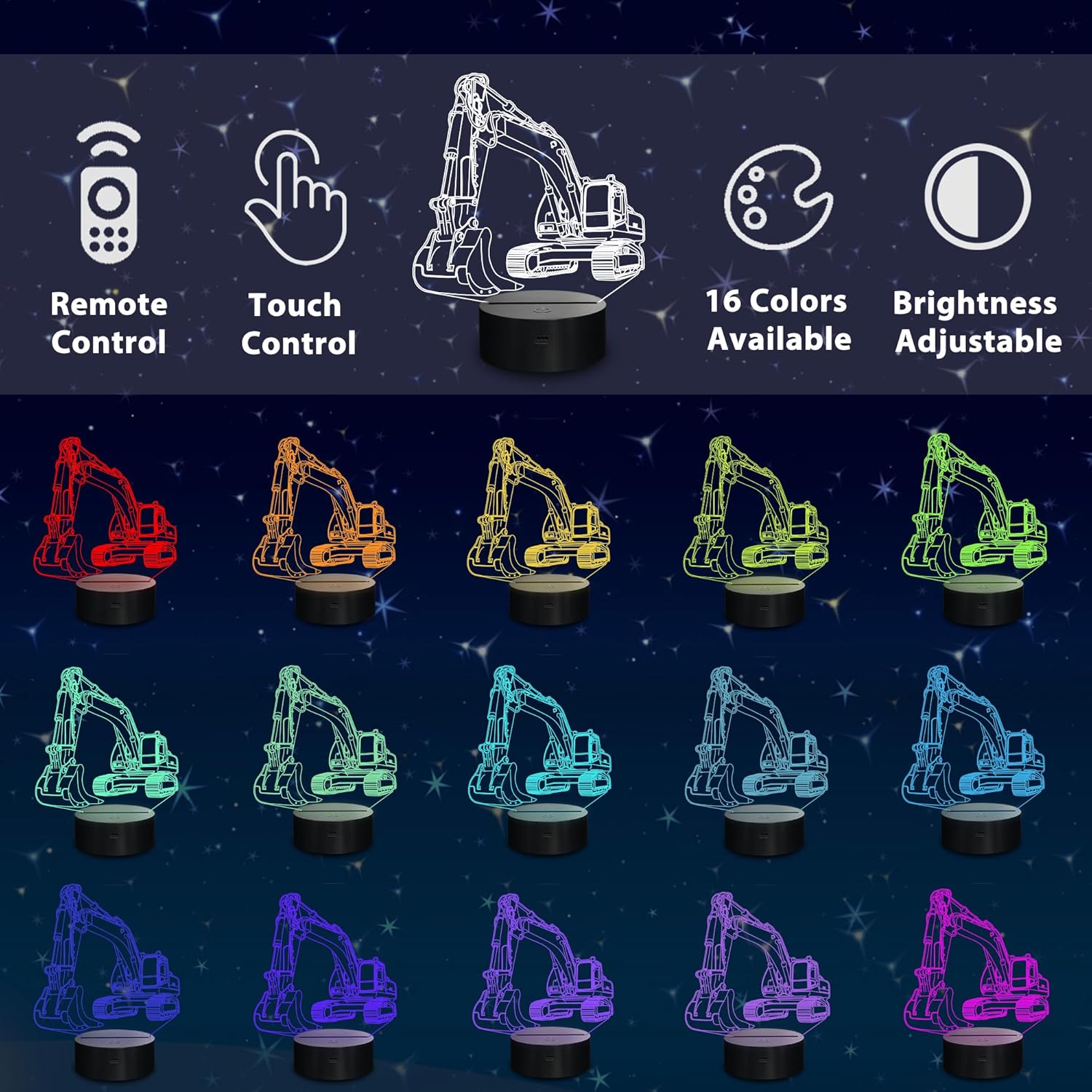 YSITIANNA 3D Car Lamp Night Light 3D Illusion lamp for Kids,Car,Truck,Tractor,Excavator,16 Colors Changing with Remote,Dimmable(4 Patterns) Kids Bedroom Decor Car Gifts for Boys Girls STNL#2405
