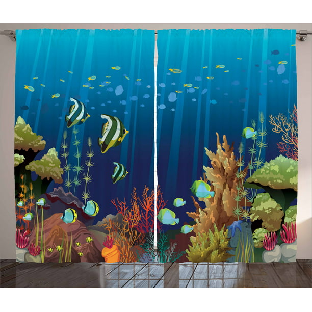 Under the Sea Curtains 2 Panels Set, Coral Reef with Sea Creatures 