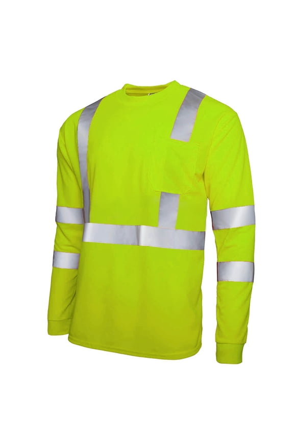 High Visibility Safety Vest for Men Long Sleeve Crewneck Solid Color Reflective Construction Workwear Tops Green