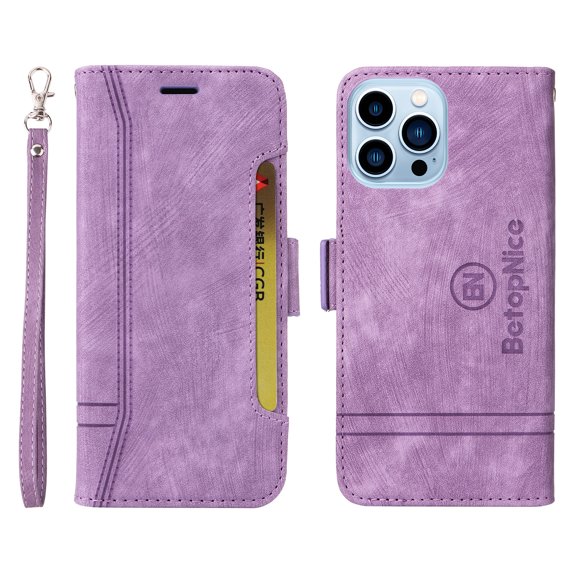 Allytech Wallet Case for iPhone 13 Pro Max, PU Leather Shockproof Card Slots Holder Magnetic Clasp Flip Cover, Lanyard Handbag Wrist Strap Kickstand Folio Case for iPhone 13 Pro Max 6.7 Inch,Purple