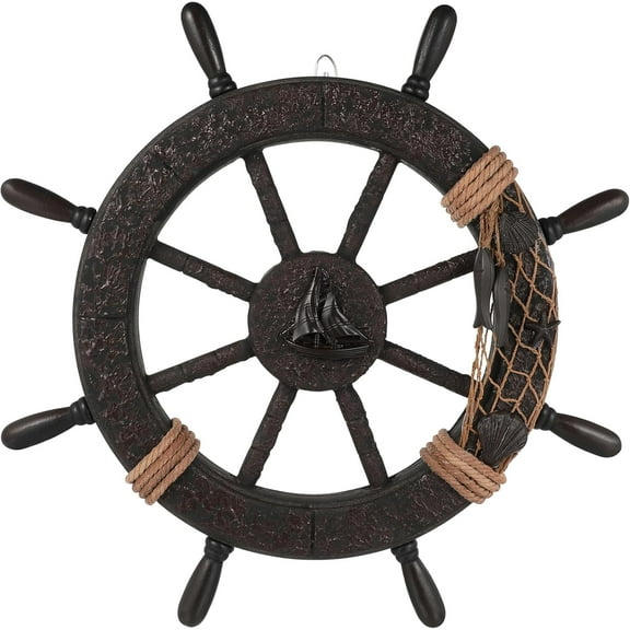 Nautical Wheel Decor Rustic Boat Steering Wheel Fishing Net Wall Sculpture Rudder Hanging Ornament Mediterranean Style Nautical Captain Rudder for Home Beach Theme Decor