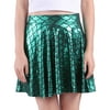 HDE Womens Shiny Mermaid Fish Scale Mini Flared Pleated Skater Skirt (Green, Medium)