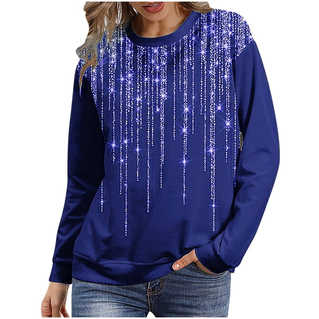 Camiseta de manga larga con estampado de cuello redondo suelto a la moda para mujer Pompotops gfhjh10954