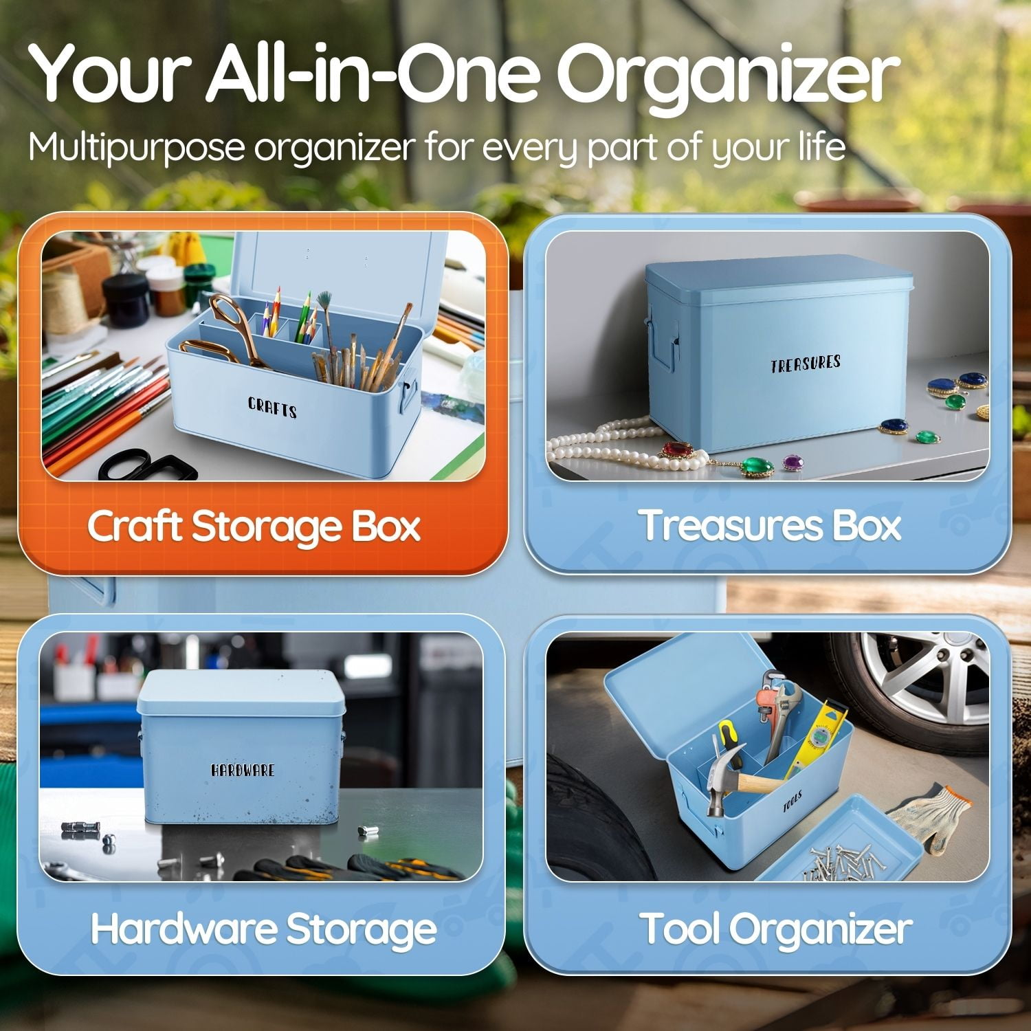Flexzion Tin Storage Box with Removable Tray, Seed Organizer Box and Metal Seed Holder Organizer with Hinged Lid, Versatile Toolbox Container for Crafts, Hardware, Tools and Essentials, Blue