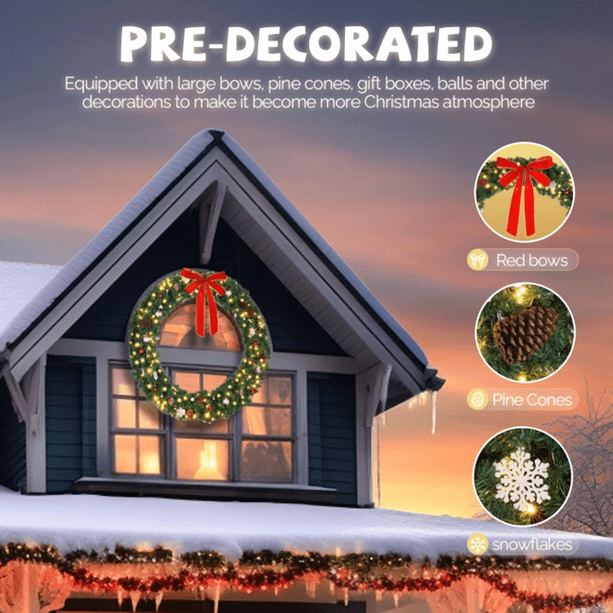 Alvantor 48-Inch Pre-Lit Christmas Wreath with 150 LED Lights, 450 Tips, Red Bow and Remote, Green