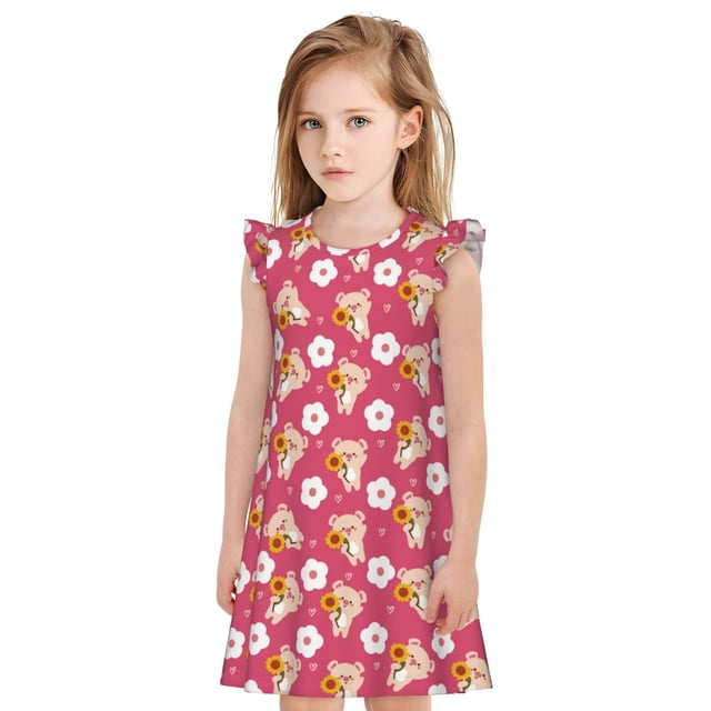 Fotbe Piggy Sunflower Vestido de Dormir para Niñas de 3 a 10 Años, Mangas Cortas, Estilo Princesa, Pijama Camisón con Mangas Voladas-Large
