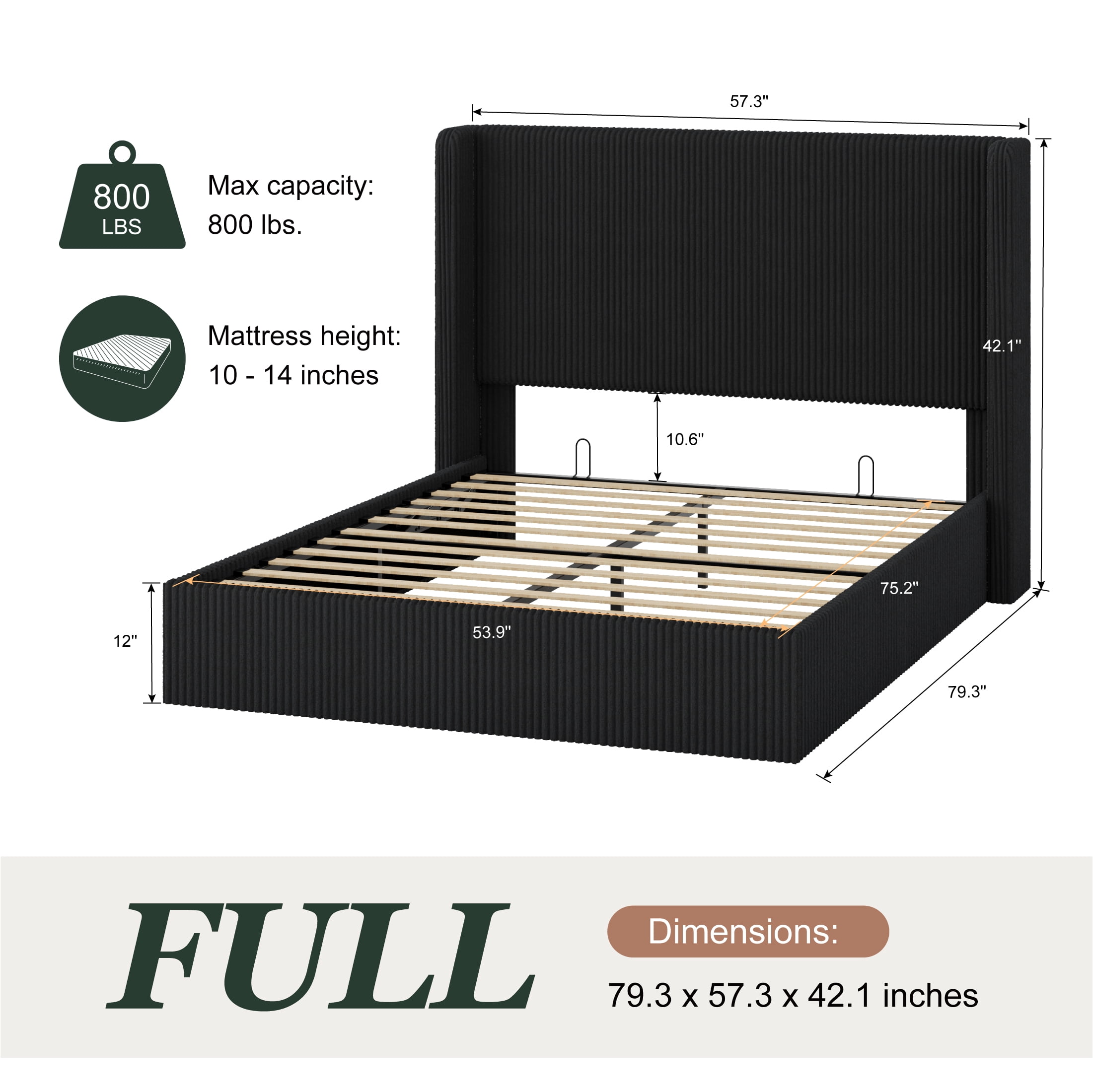 Amolife Full size Hydraulic Lift Storage Bed Frame with Wingback Headboard, Corduroy Upholstery, Black