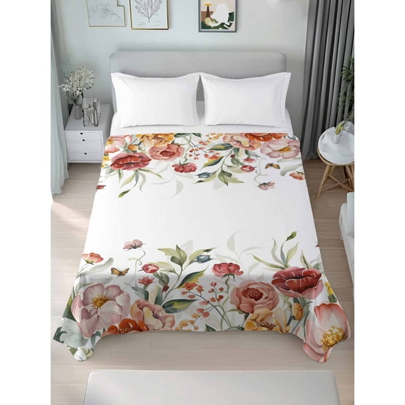 Pink Floral King Size Flat Sheet, Wrinkleproof & Fadeproof Cooling Flat Bed Sheet Only, Spring Pastoral Botanical Wildflowers Leaves Breathable Soft Bedding Top Sheets 105 x 98 Inches