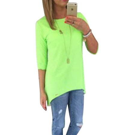 Women 3/4 Long Sleeve Tops Loose Trim Solid Color Round Neck Plus Size T-Shirt