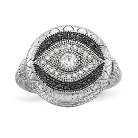 Sterling Silver Black and White CZ Cubic Zirconia Evil Eye Ring - Size 6