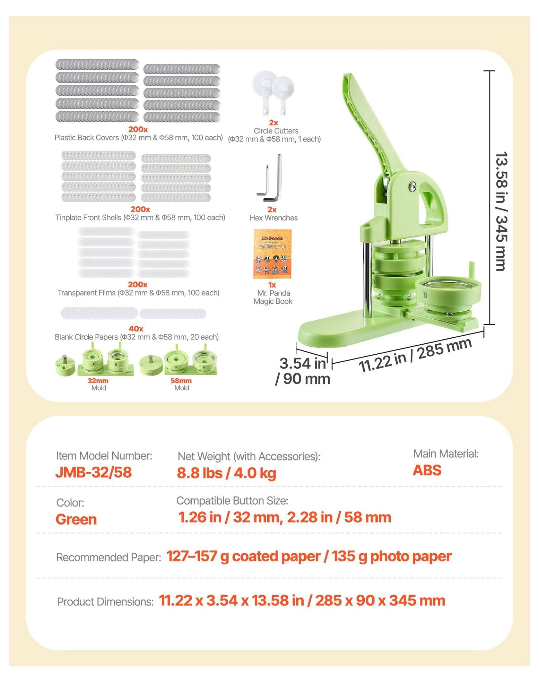 Button Maker Machine 1.26/2.28 inch - 2-in-1 Pin Maker Kit with 200 Parts, Cutter & Book - DIY Badges, Personalized Pins, Green