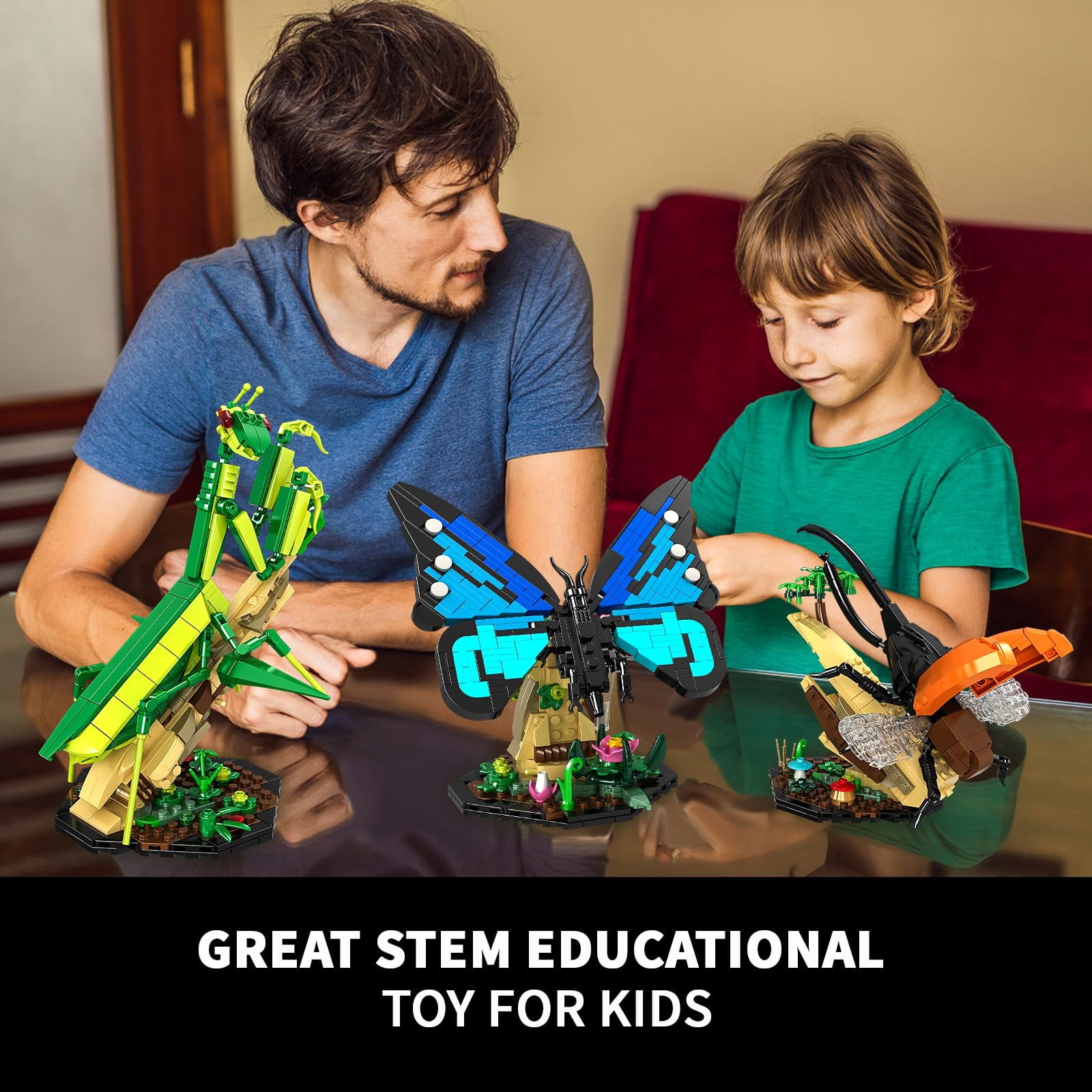 WIDELANDInsect Collection Building Toy Set, with Life-Size Blue Butterfly Compatible with Lego, Mantis and Beetle Display Models, Bug Building Office Home Decorative, Gifts Ideal for Adults Ki