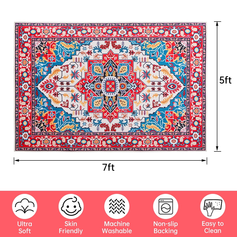 Wondiair 5x7 Non-Slip Washable Area Rug, Low Pile Persian Style Carpet, Bold Tribal Design for Living Room, Dorm and Holiday Decor