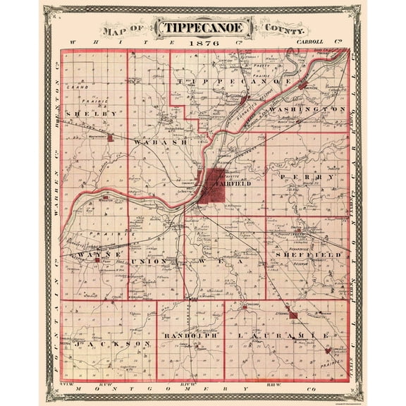 Historic County Map - Tippecanoe County Indiana - Andreas 1876 - 23 x 28.38 - Vintage Wall Art