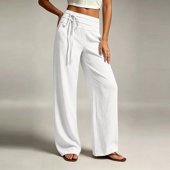 GILIGEGE Women's Cotton Linen Pants Elastic Drawstring Sweatpants Lounge Trousers with Side Pockets Joggers Sweatpants Soft Pants Full Length Ankle Grazer Baggy Pants Summer 2026 Trendy Slacks White
