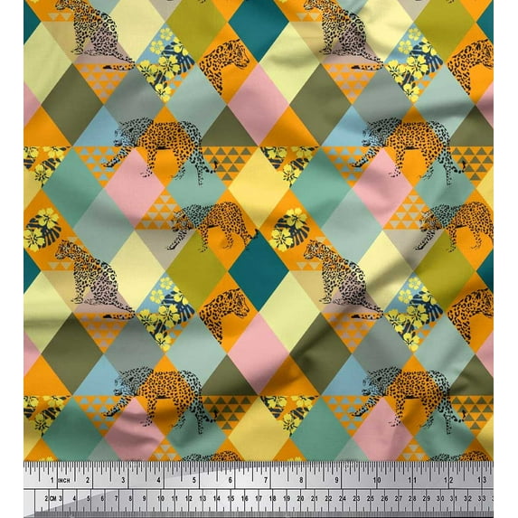 Soimoi Japan Crepe Satin Fabric Leopard & Argyle Patchwork Print Fabric by Yard 42 Inch Wide