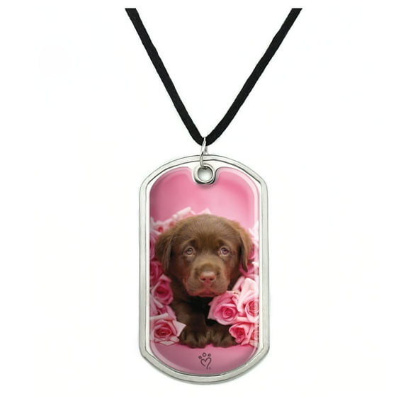 Chocolate Labrador Retriever Puppy Dog Pink Roses Military Dog Tag Pendant Necklace with Cord