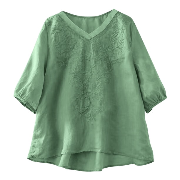Camisas de Cuello en V de Manga Corta para las Mujeres Lino Blusas Bordadas Ajuste Suelto Verano Casual Tops de Cuello Redondo