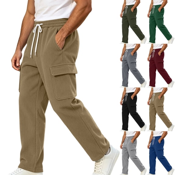 LIaqionyy Mens Corduroy Cargo Sweatpants Loose Casual Pants Open Bottom Athletic Workout Jogger with Pockets