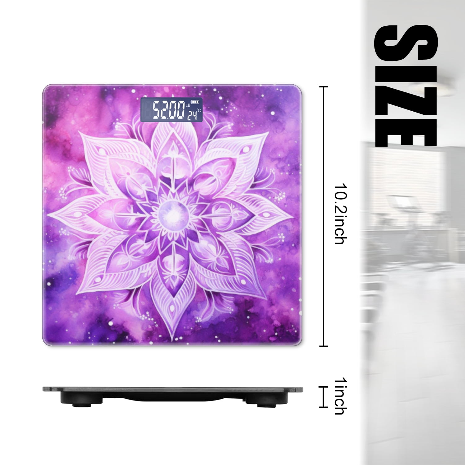Digital Bathroom Scale with Large LCD Display,High Capacity Scale 400 lbs High Precision body fat scale-Watercolor Purple Mandala With White Lotus