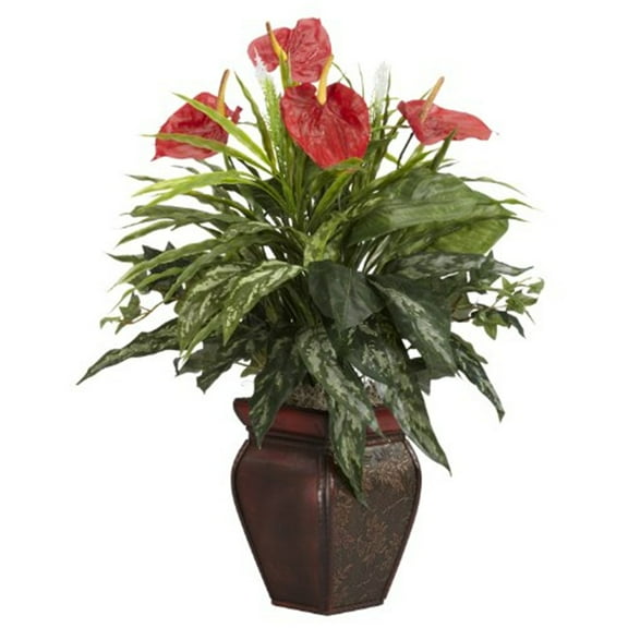 Nearly Natural 26" Mixed Greens & Anthurium Plastic Artificial Plant with Decorative Vase