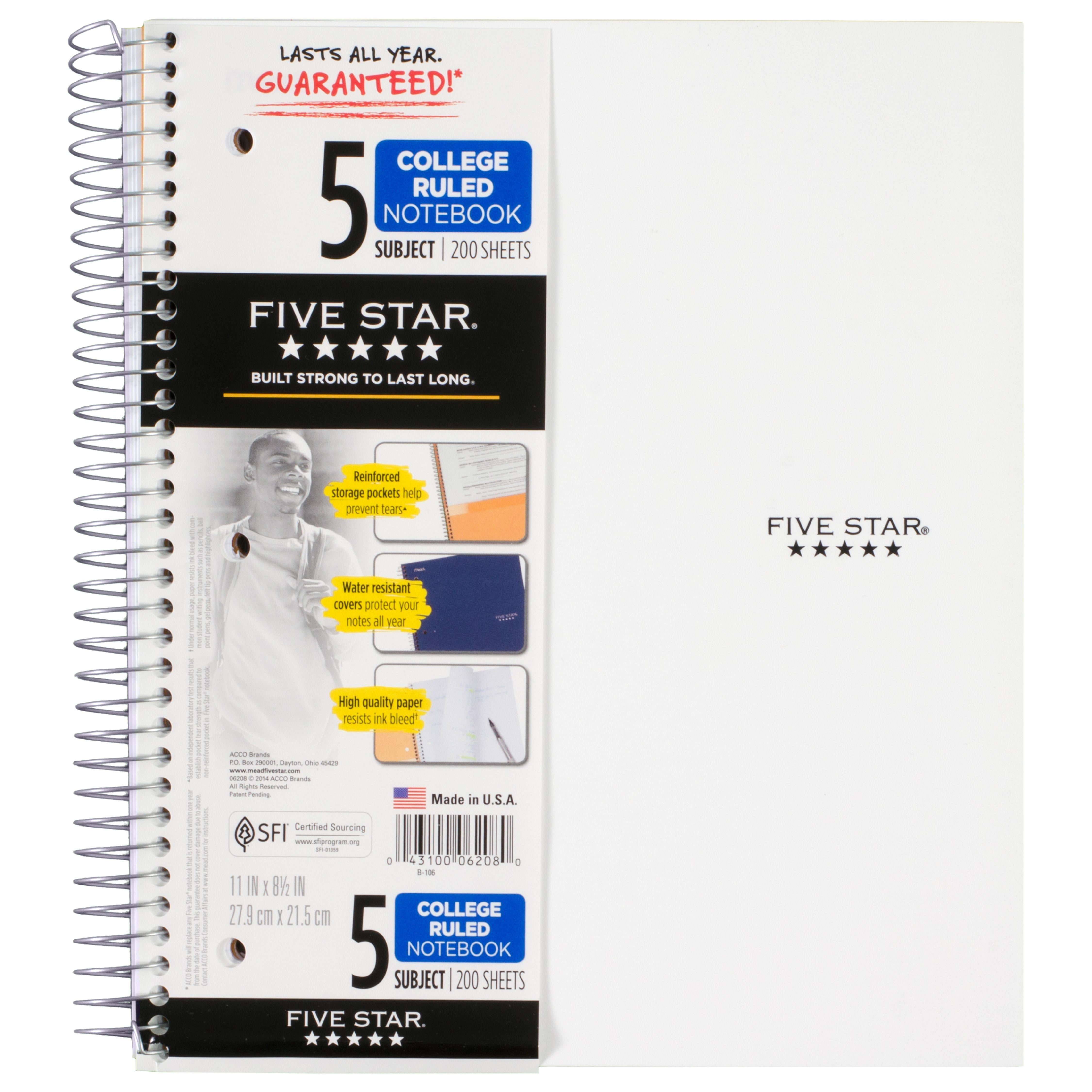 Five Star Wirebound Notebook 5 Sub 200ct CR, White