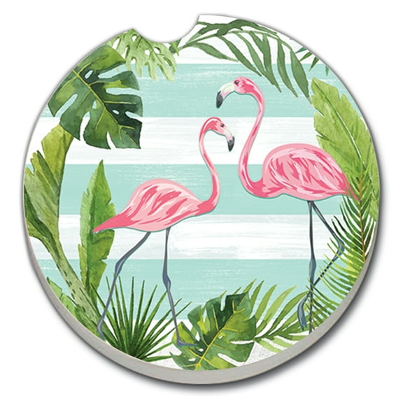 Absorbent Stoneware Car Coaster, Flamingo Stripes, Set of 2