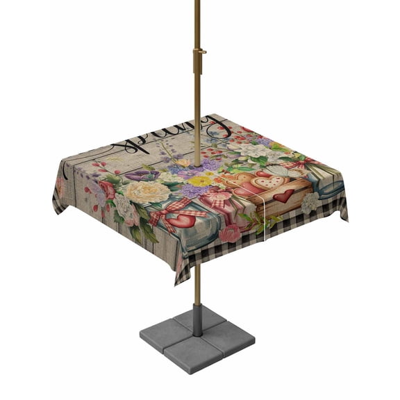 Spring Flowers Outdoor Tablecloth - 54x54 Inch Square Dining Table Cover, Farmhouse Vintage Black Plaid Wood Grain Waterproof Outdoor Table Cloth with Umbrella Hole & Zipper for Picnic/Patio/Party
