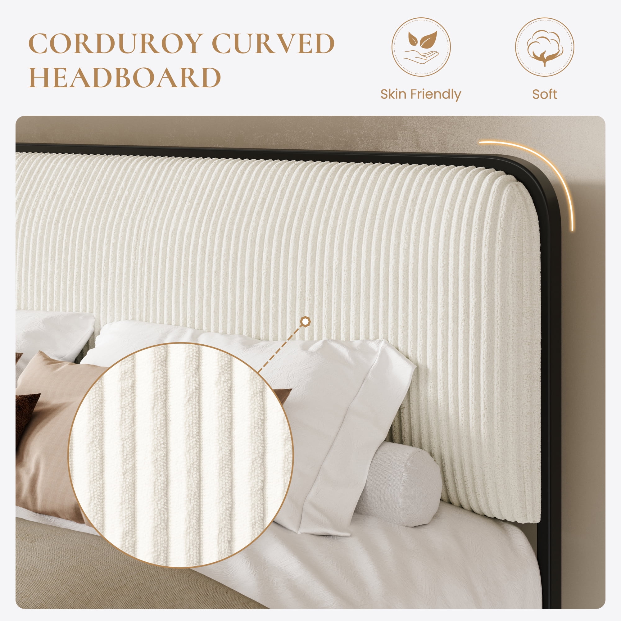 SHA CERLIN Queen Bed Frame, Upholstered Platform Bed with Velvet Curved Headboard and Footboard, No Box Spring Needed, 1000 LBS Capacity, Cream White