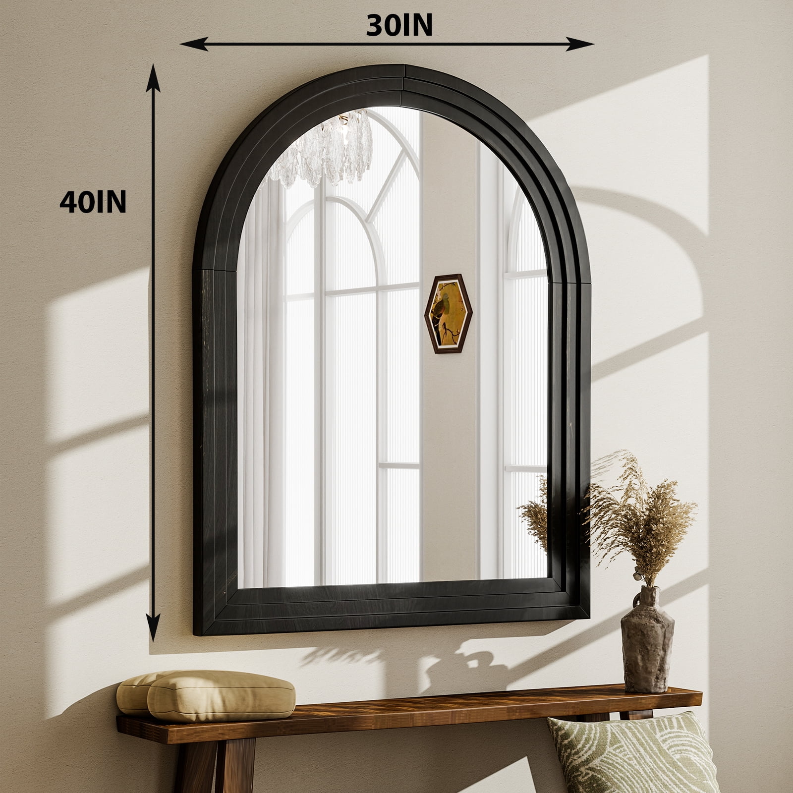Easy4Home 40"x30" Arched Bathroom Mirror with Wooden Frame Decorative Wall Mounted Mirror, Black
